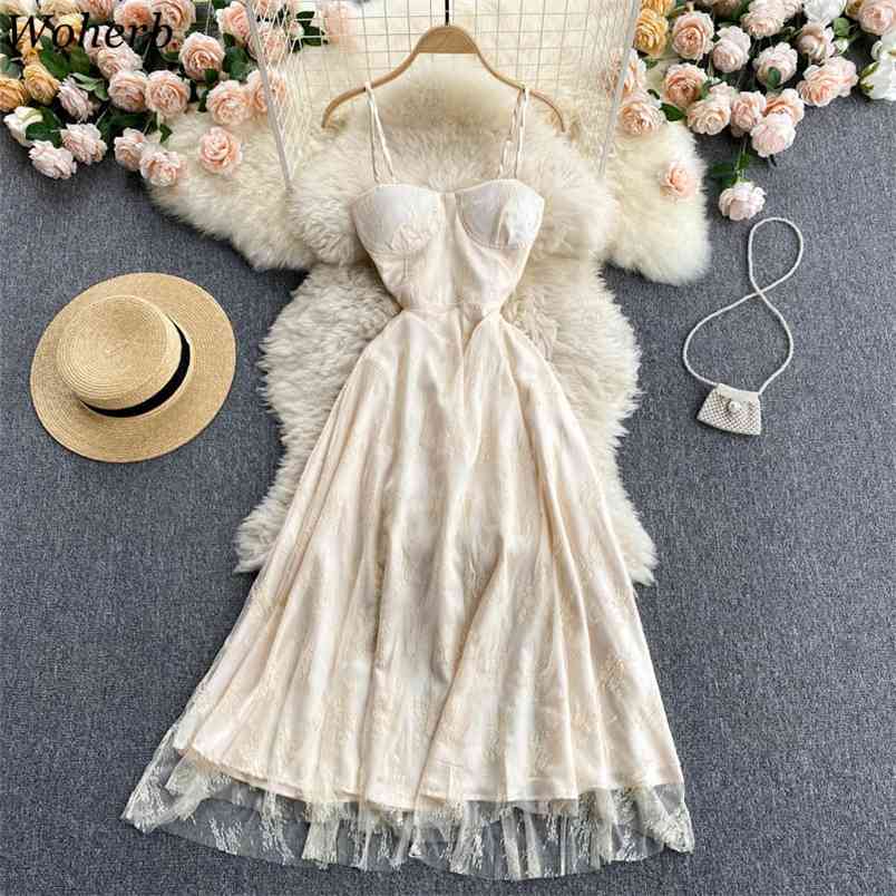 

Summer Stylish Sexy Women Long Dress Spaghetti Strap Sleeveless Lace Dresses Elegant Fashion A-line Party Beach Vestido 210519, Apricot
