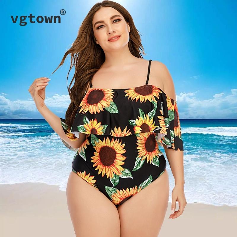 

Super Large Size 10XL Women's One-piece Ruffled Off Shoulder Sunflower Printed Sexy Bikini Swimsuit Plus Suits