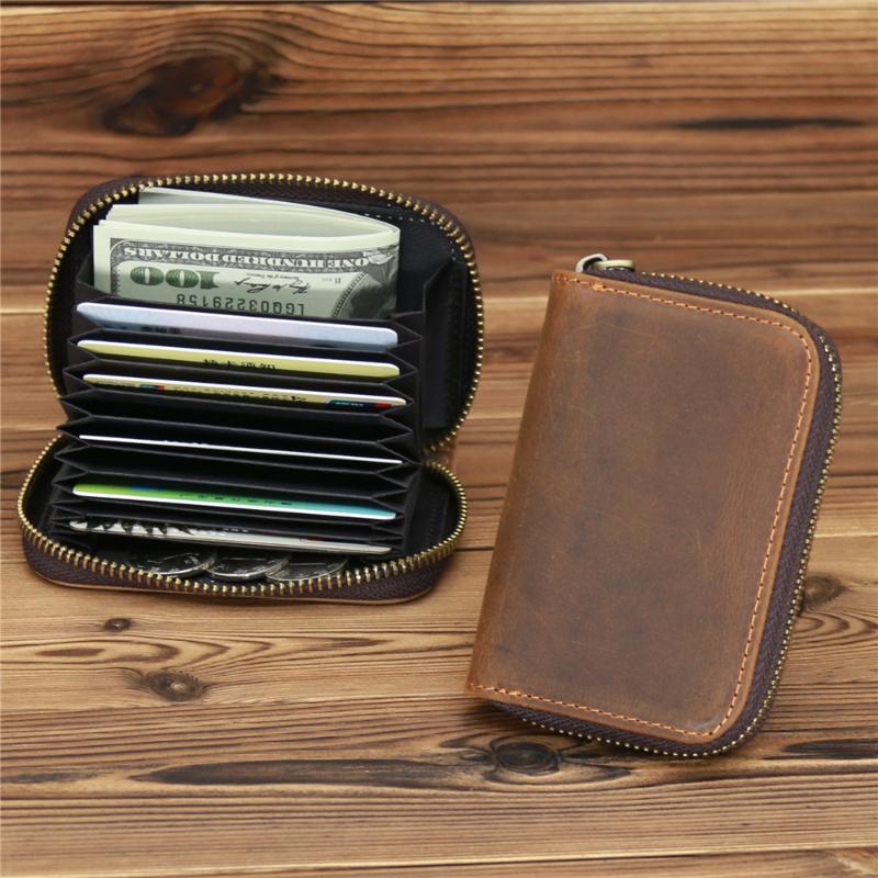 

Card Holders Crazy Horse Business Holder Genuine Leather Women Zipper Pocket Unisex Case Coin PurseCard, Red brown