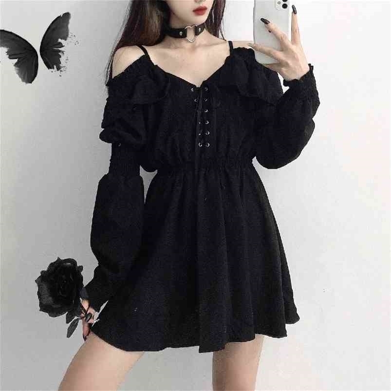 

Gothic Black Dres Casual Button Lace Evening Party Sexy Mini Female Long Sleeve Korean Autumn 210701