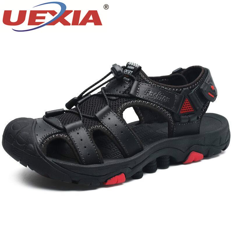 

Sandals UEXIA 2021 Handmade Outdoor Men Summer Leather Fashion Casual Beach Shoes Man Roman Style Flats Size 38-46, Black