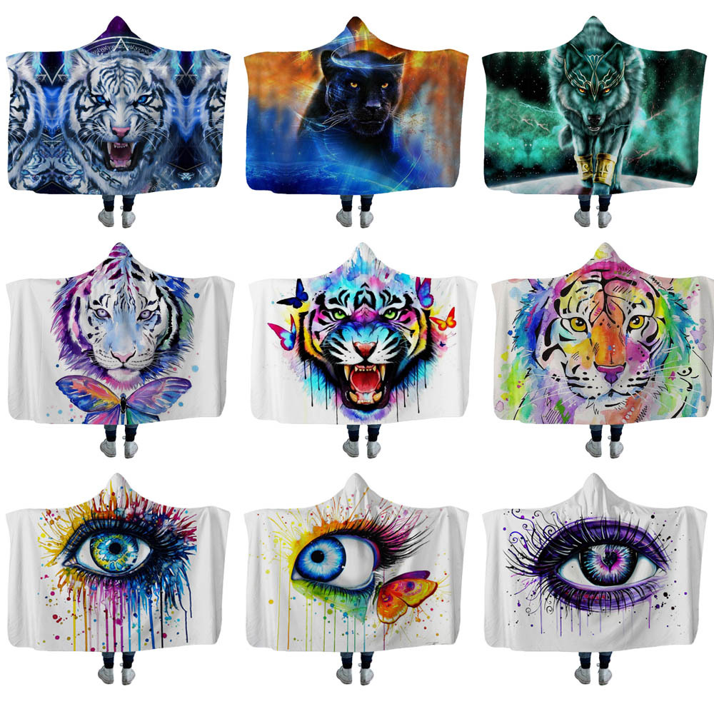 

Child Adults Colorful Animals Blanket Fleece Home Warm Cartoon Tiger Lion Eyes Hooded Blankets Wearable Children Kids Gift