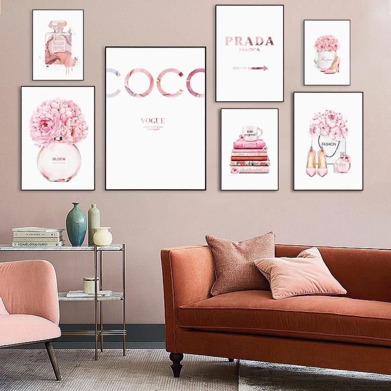 

Paintings Pink Flower Perfume Bottle Coco Wall Art Poster Fashion Woman Canvas Painting Modern Abstract Vogue Pictures For Girl Room Decor
