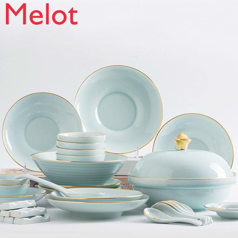 

Bowls And Dishes Tableware Set High-End Household Nordic Golden Trim Celadon Ceramics Bowl Plate Affordable Luxury