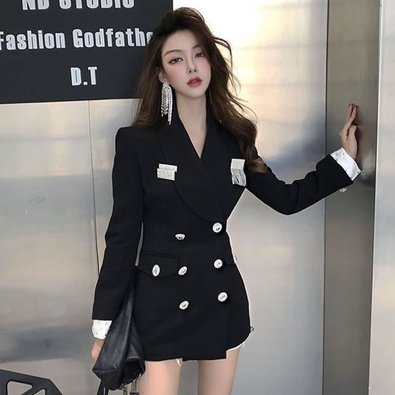 

ZAWFL Double Breasted Small Suit Jacket Women Long Office Lady Slim Solid Color Coat chaqueta mujer 210525, Picture color