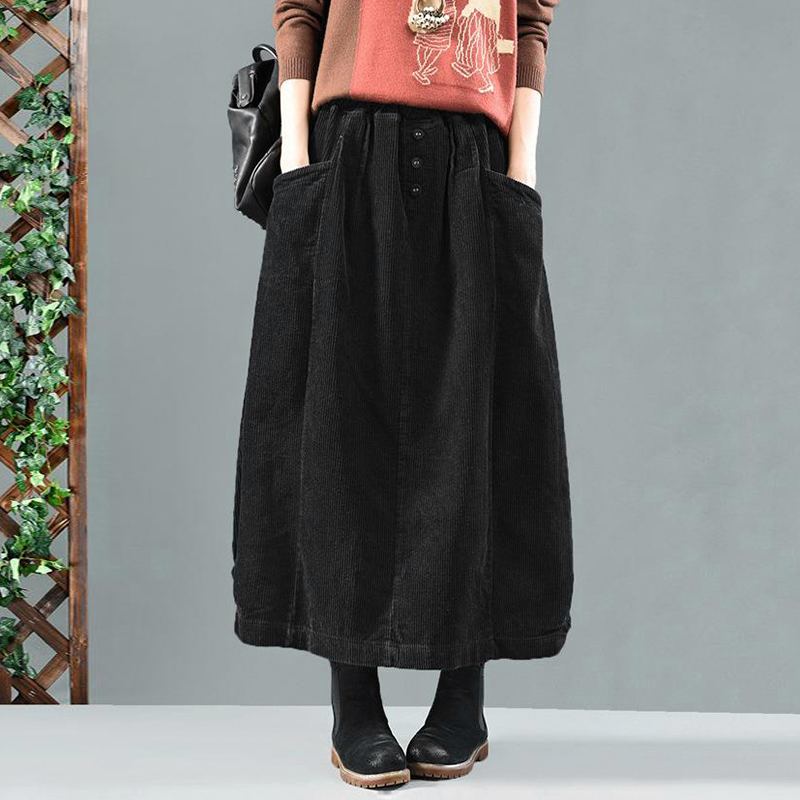 

Womens Spring Corduroy Skirts Fashion Casual Sundress Elastic Waist Maxi Vestidos Female Robe Faldas Saia Oversized, Black