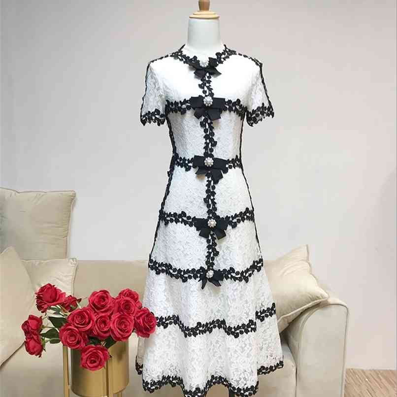 

High quality Summer Crochet Hollow out Party Lace Dresses Women Short Sleeve Bow Dress Robe Femme With Beaded Bowknot 210602, Black short sleeve