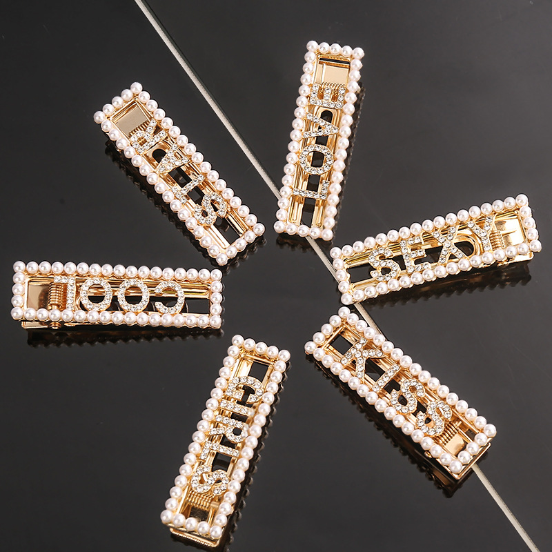 

Pearl Crystal Hairpin Letter Cool Kiss Girls Hair Clips Barrettes Week Monday Sunday Hairs Fashion Jewelry for Women Girl, Golden;silver