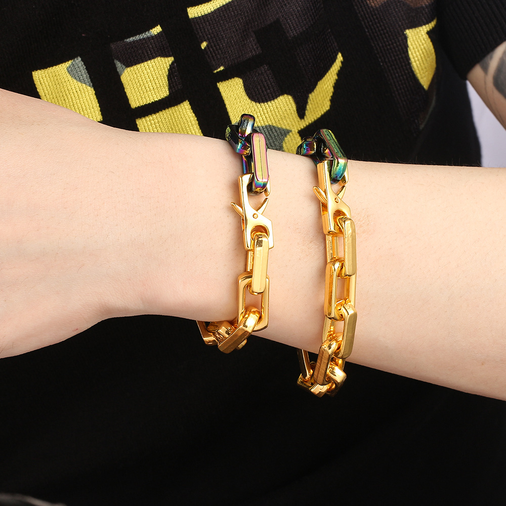 

Men Bracelet Jewelry Hip Hop Square Cuban Chain Bracelet Tide Brand Stitching Cuban Colorful Bracelet, Black