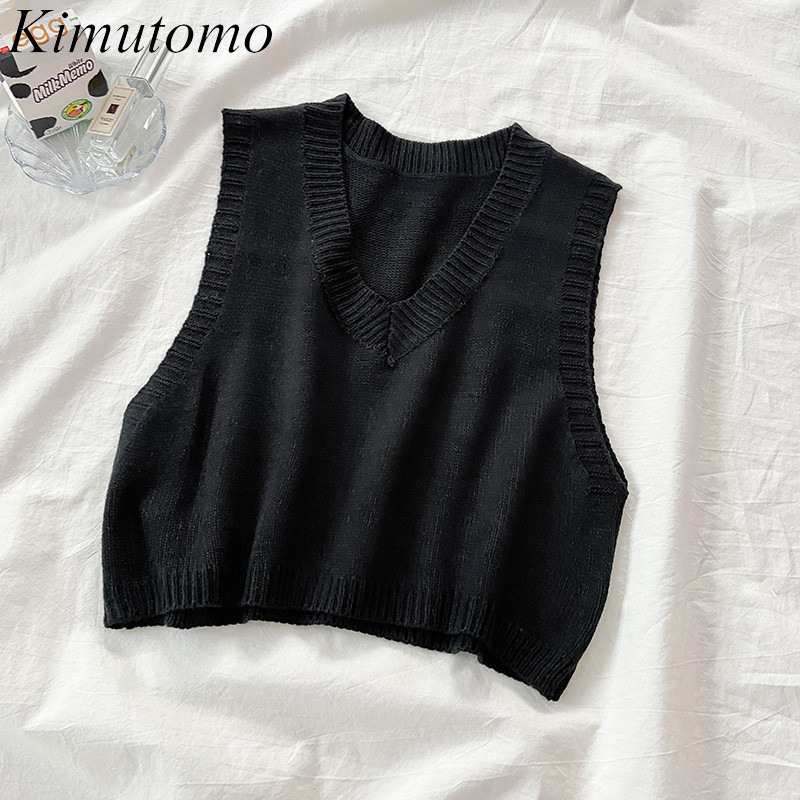

Kimutomo Wild Casual Sleeveless Knitted Vest Women Japanese Style Korea Chic Female V-neck Solid Short Tops Knitwear Loose 210521, Coffee