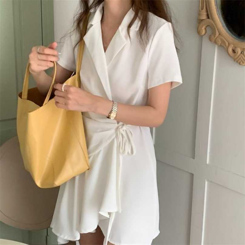 

Sexy Lapel All Match Ruffles High Waist Mini Dresses Sweet Casual Fashion Femme Girls Summer Vintage Vestidos 210525, Black