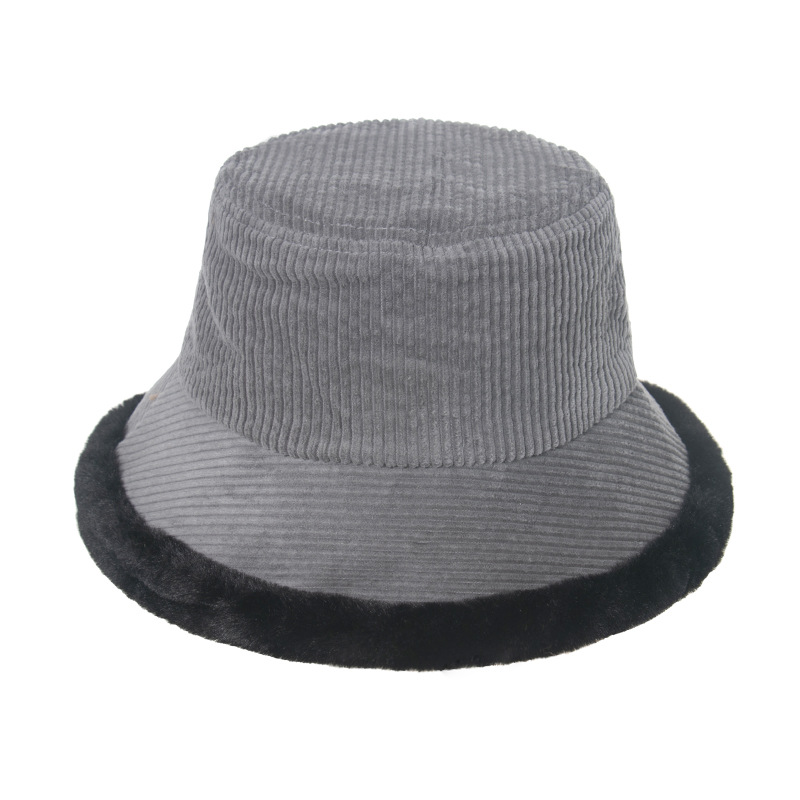

2021 Hat Womens Winter New Corduroy Striped the Edge of Rabbit Hair Bucket Hat Thickened Warm Plush Curled Brim Basin Hat No. 1, Black