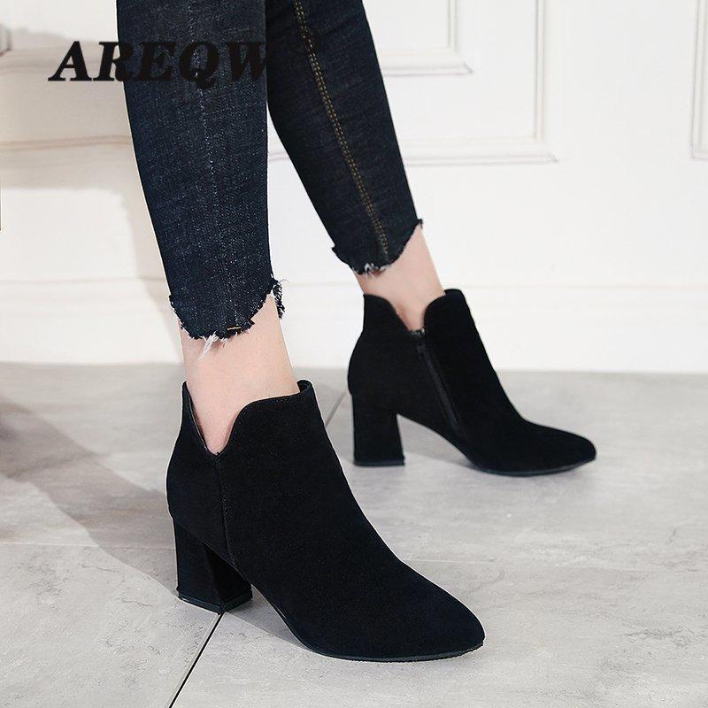 

Boots 2021 Autumn And Winter Suede Pointed Toe Thick Heel Short Women's Nude Trend, Black