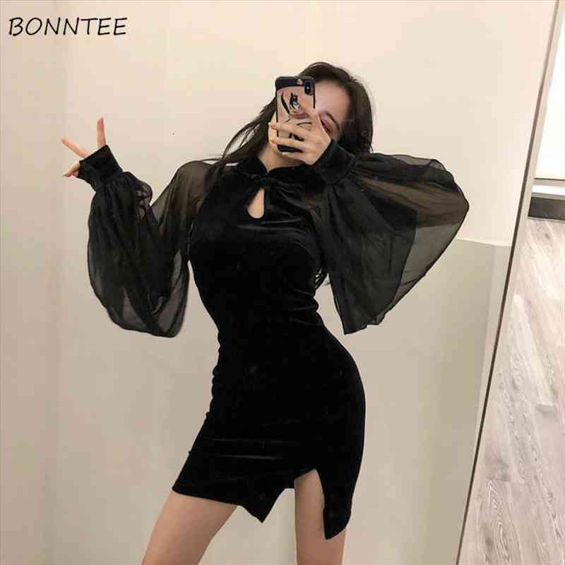 

Long Sleeve Hollow Out Streetwear Womens Dress Elegant Causal Fashion Mesh Side Slit Patchwork Simple Sexy Autumn College, Black;gray