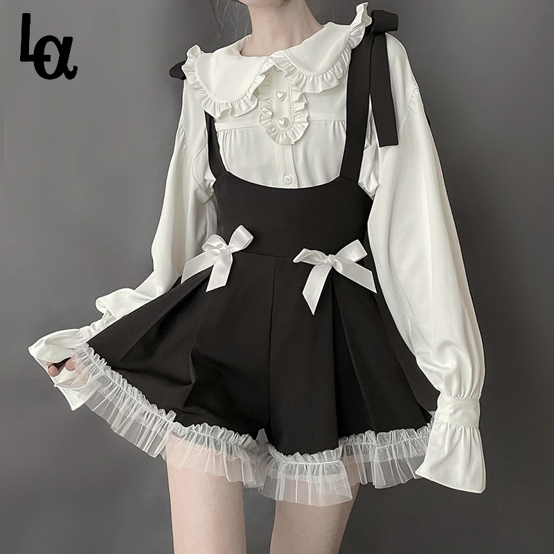 

Japanese Retro Lolita Kawali Jumpsiut Sweet Hepburn Bow Vintage Cosplay Rompers Pretty Party Cute Club Sexy Mini 210519, Only romper