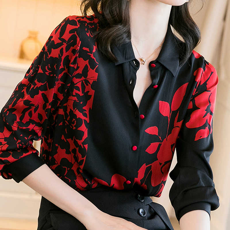 

Long Sleeve Print Chiffon Blouse Shirt Blouse Women Blusas Mujer De Moda Turn Down Collar Blouse Tops Women Blouses E174 210602, Black