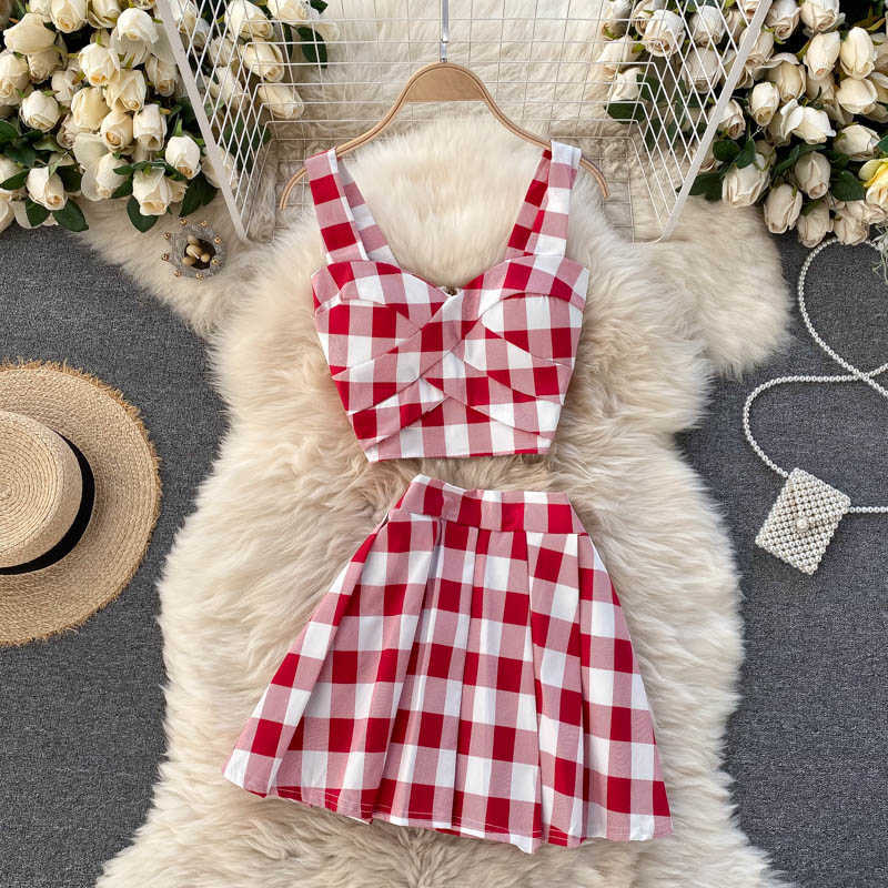 

SINGREINY Women Summer Korean Plaid Suits V Neck Off Shoulder Zipper Strap Short Tops+High Waist A-line Mini Skirt Two Piece Set 210708, Red-big plaid