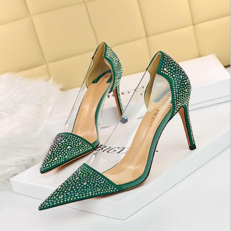 

Fashion New Women Pumps Transparent Kitten Heels Women Rhinestone High Heels Sexy Party Shoes, Black