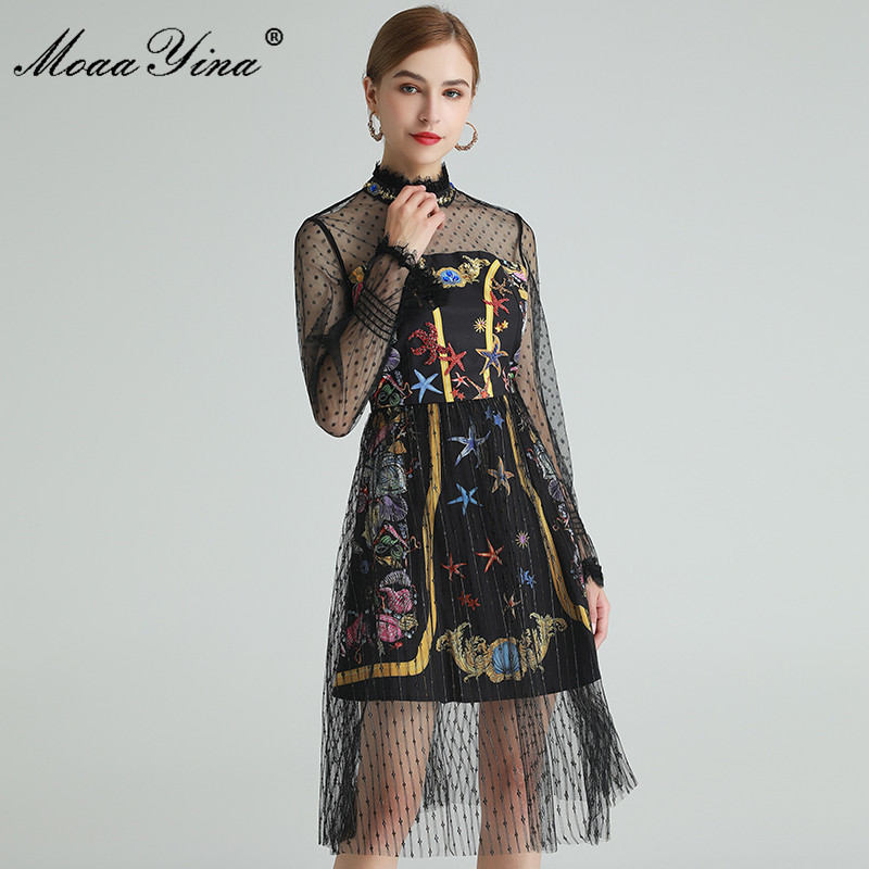 

Fashion Designer dress Spring Women' Dress Mesh Long sleeve Diamond Beaded Starfish Shell Conch Print Sexy Dresses 210524, Black