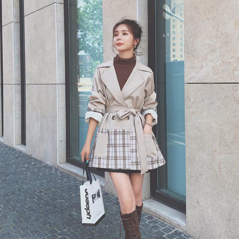 

Women' Trench Coats Autumn Elegant Ladies Apricot Plaid Stitching Windbreaker Jacket Short Spring 2021 Korean British Style Coat