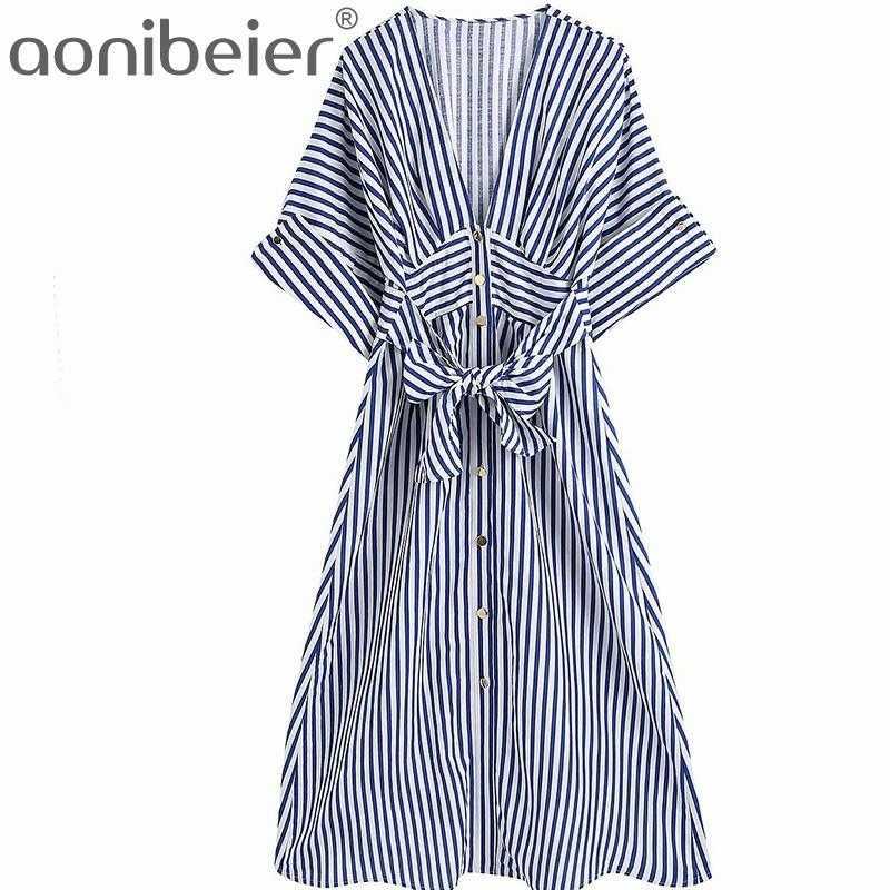 

Blue Striped Midi Dress Summer Fashion Metal Buttons Roll Sleeves Deep V High Waist Women Casual Shirt Female 210604, Bl