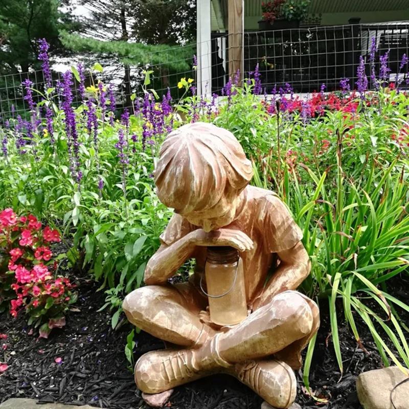 

Glimpses Of God Boy Statue Easter Garden Decoration Resin Ornament With LED Light Solar Power XKW Decorations