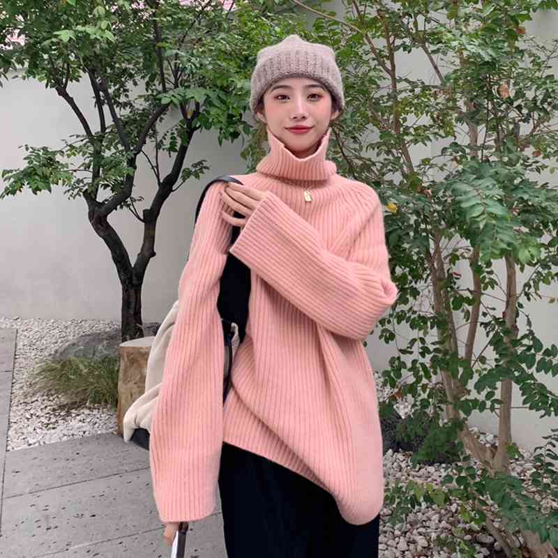 

WERUERUYU Autumn Winter Woman Fashion Turtleneck Pullovers Sweaters Solid Casual Loose Knitted Sweater Female Jumper Tops 210608, Photo color
