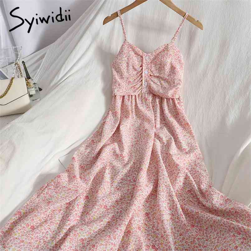 

Floral Print Sexy Spaghetti Strap Dresses for Women Back Elastic Clothes A-line Summer Boho Midi Dress Pink Green 210607, Yellow purple