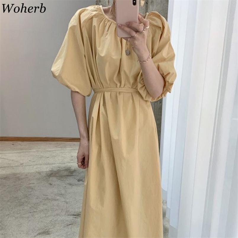 

Minamilat Lantern Short Sleeve Dress Women's Summer Round Neck Loose Lace Up Waist Mid-calf Dresses Korean 210519, White
