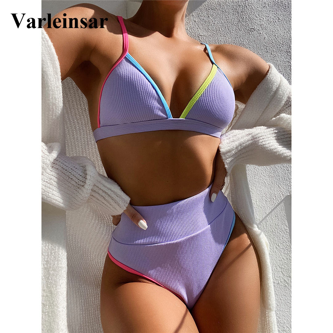 

4 Colors Ribbed High Waist Bikini Female Swimsuit Women Swimwear Two-pieces Bikini set Print Bather Bathing Suit Swim Lady V2443