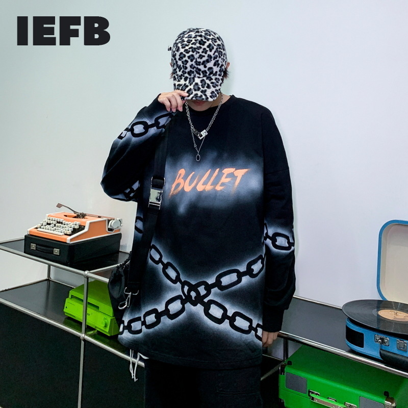 

IEFB Men's Spring Chain Print Long Sleeve T-shirt Loose Personality Bottoming Tops High Street Pullover Hip Hop 9Y5164 210524, White
