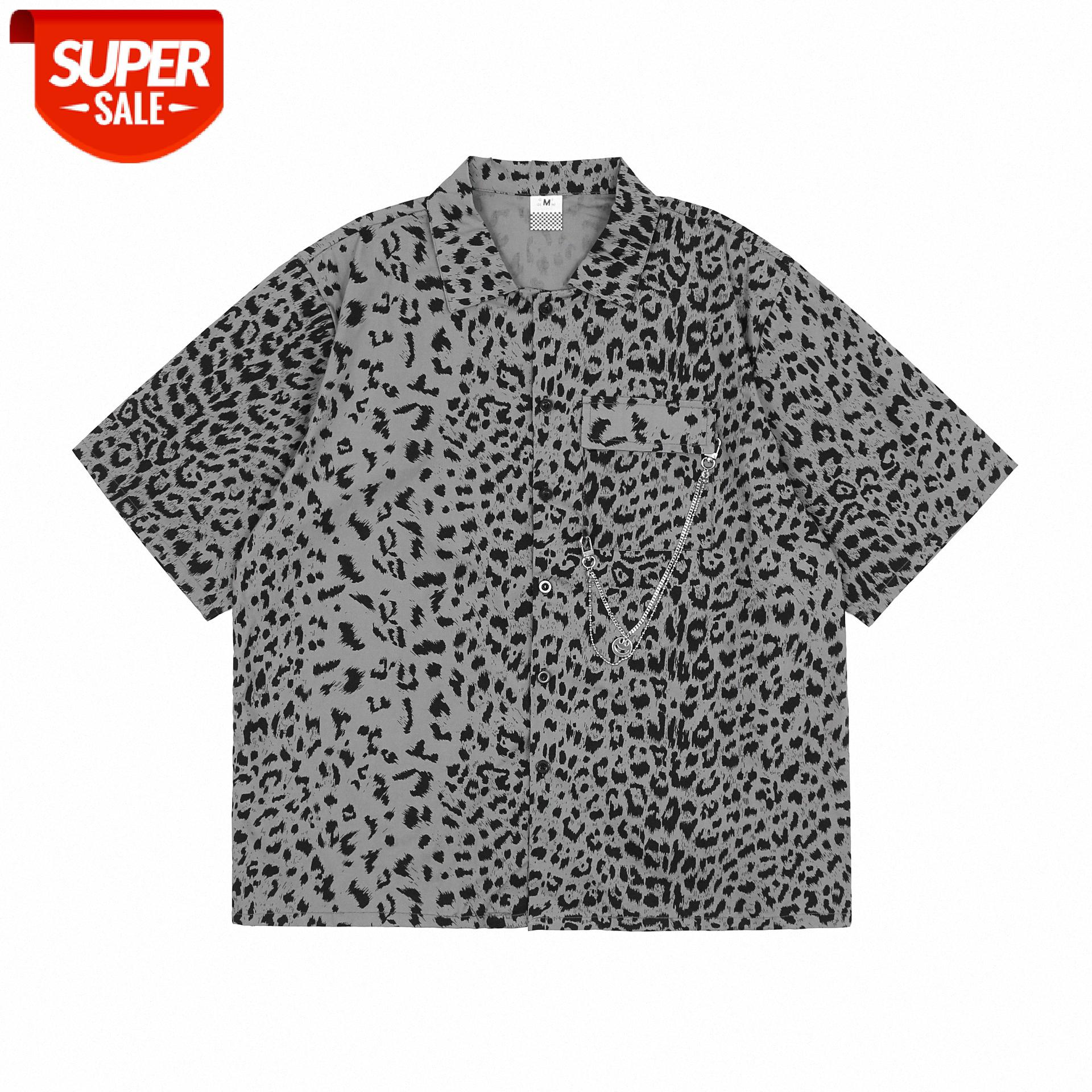 

Street hip-hop print leopard chain decoration short-sleeved shirt men's loose personality top #gN4j, White;black