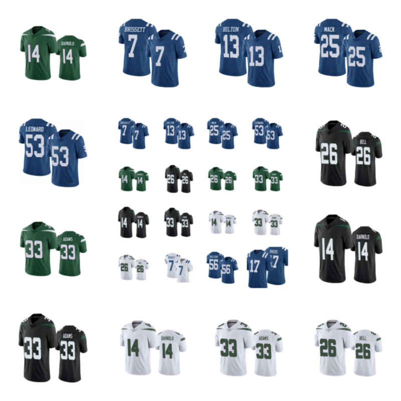 

2021 26 Le'Veon Bell Football Jersey 33 Adams Jacoby Brissett 13 T.Y. Hilton Marlon Mack Quenton Nelson, Black;red