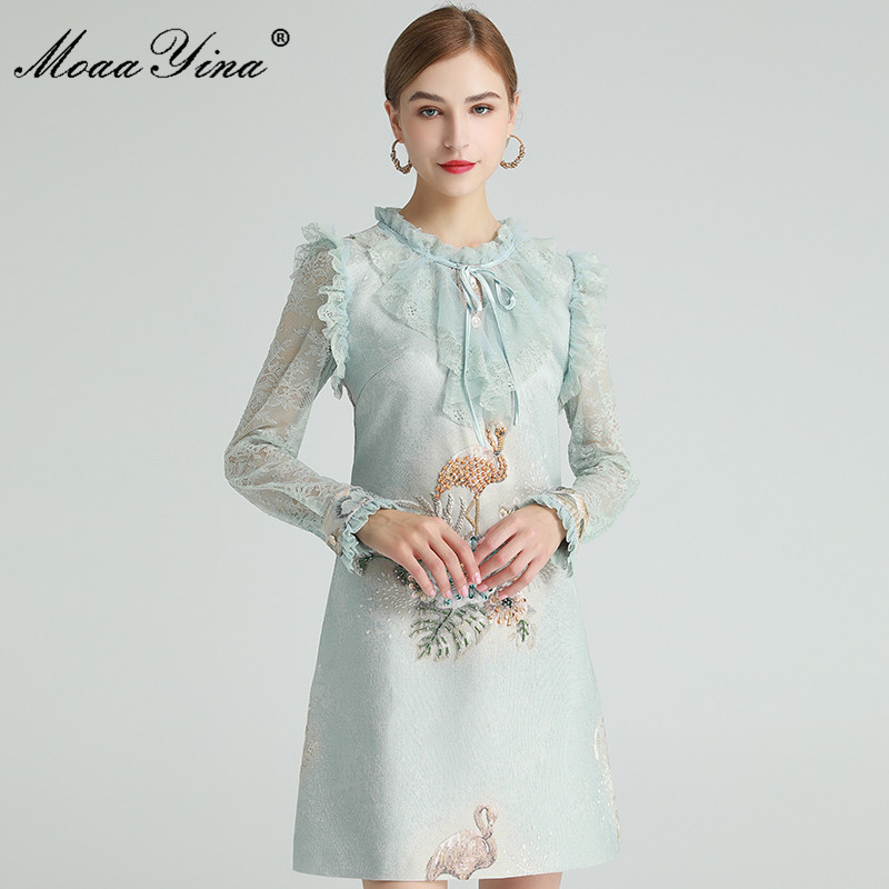 

Fashion dress Summer Women's Dress Lace Ruffles Long sleeve Red-crowned crane Flowers Beaded high quality Dresses 210524, Multi