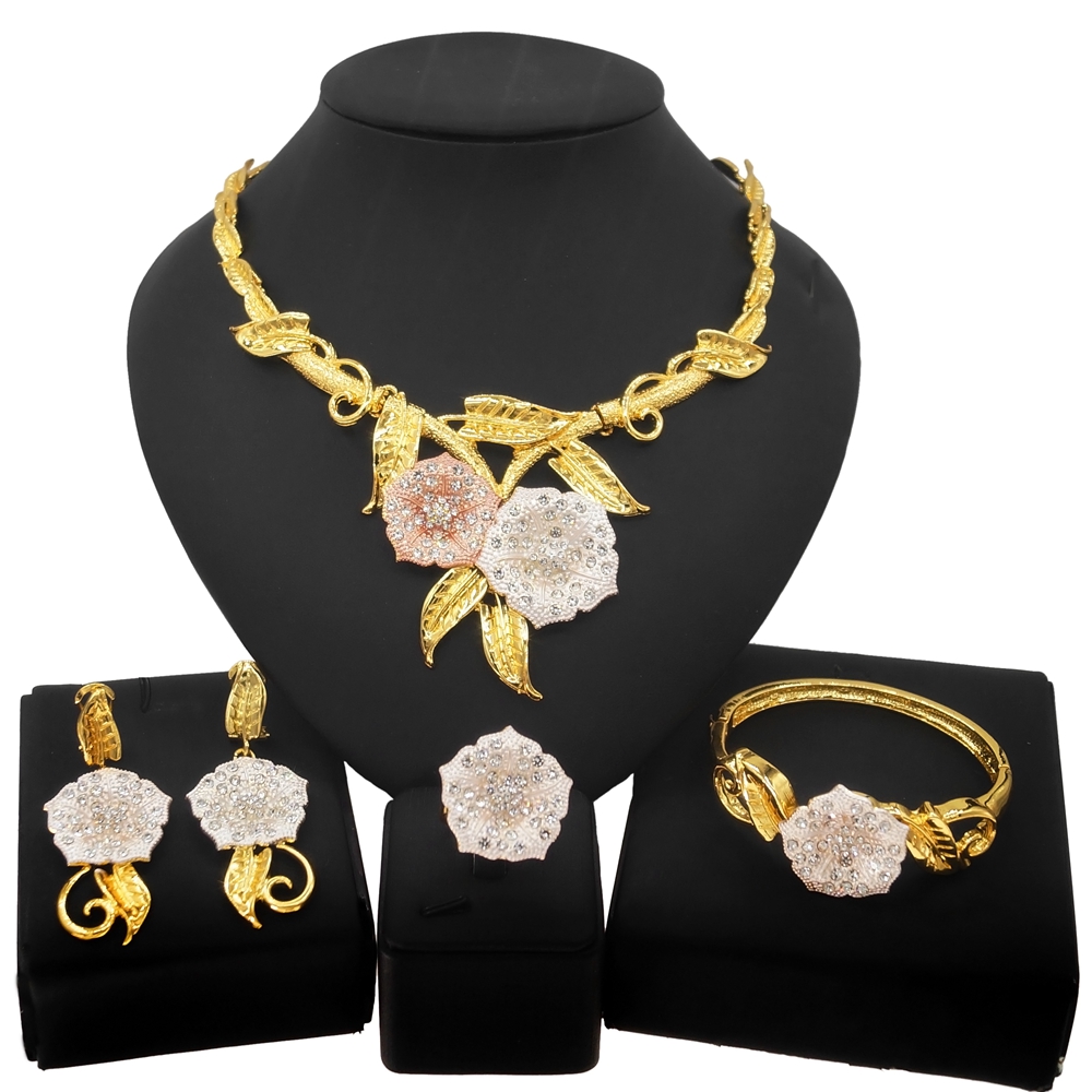 

Yulaili Summer Fashion Necklace Flower Jewellery Set and African Woman Girl Wearing Earrings Exquisite Bracelet Jewelry Sets Gifts, Golden