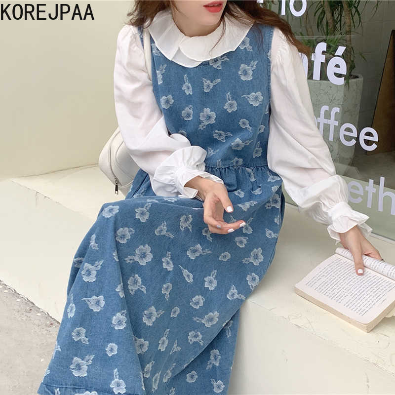 

Korejpaa Women Dress Sets Korean Chic Elegant Doll Collar Pleated Long-sleeved Shirt and Blue Loose Print Denim Strap Skirt 210526, White