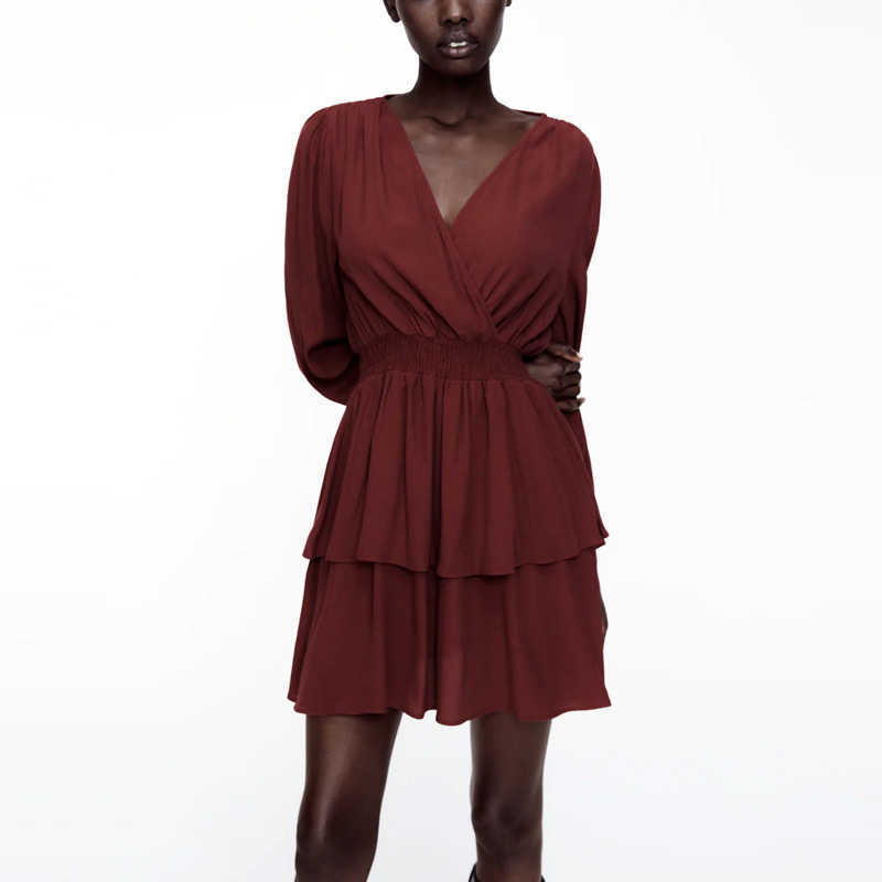 

Za Long Sleeve Elegant Mini Red Dress Women Smocked Elastic Waist Casual Pleat Dresses Woman Fashion Flounce Hem Dress 210602, As picture