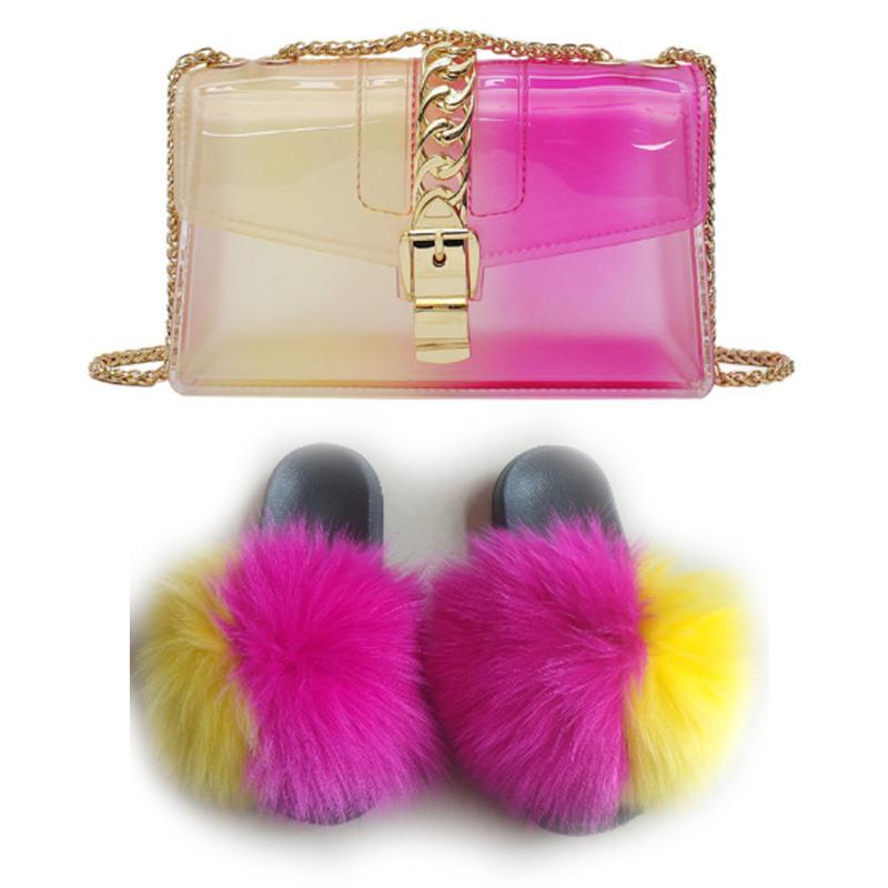 

Fur Slides And Bags Furry Slippers For Women Pantufas Feminina Pelucia Fluffy Sandals And Purse Set Soft Flat Sole Luxury Slides, Black