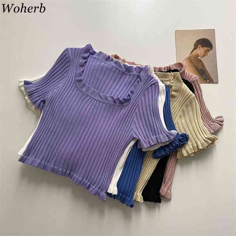 

Purple Short-sleeved T-shirt Female Summer Shirt Ruffles Square Collar Slim Cropped Tees Knitted Pullover Tops 210519, Khaki