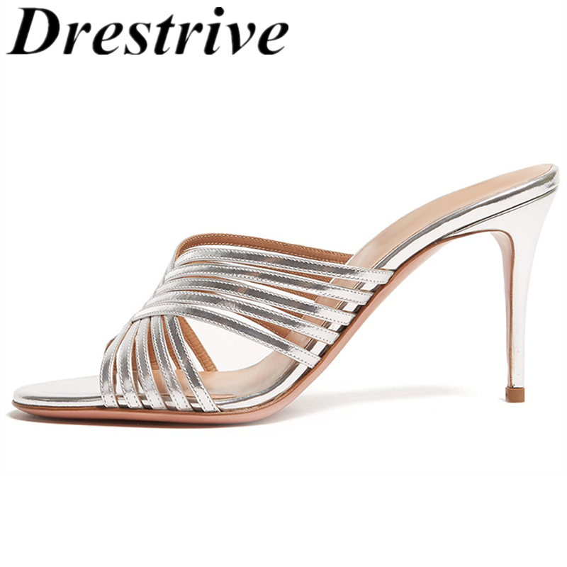 

Drestrive Big Size Customize Women Sandals Arrival 2021 Summer High Heel Shoes Slippers Silver Round Toe Patent Leather, Black