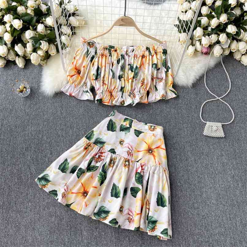 

Summer Camellia Floral Print Top Skirt Sets Women Short Sleeve Off shoulder Croped + Pleated Mini 2 piece set 210602, Yellow