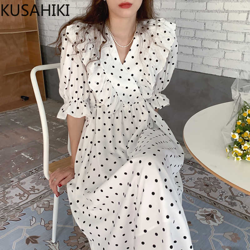 

KUSAHIKI Korean Dot Elegant Slim Waist Dresses Chic Puff Sleeve V-neck Vestidos Femme Causal Women Dress 6H116 210602, White