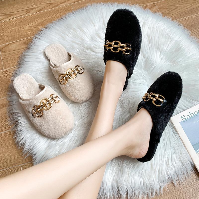 

Shoes Women Slippers Flat Luxury Slides Loafers Cover Toe Flock Fur Flip Flops Rivet Pantofle Low Soft Designer Plush 2021 With, Black