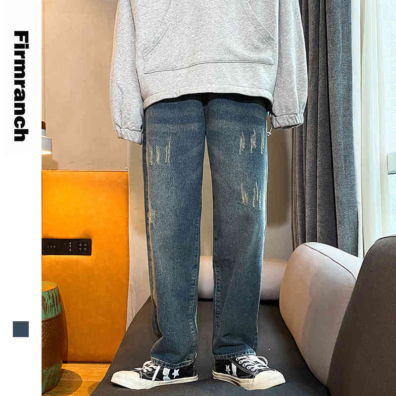 

Firmranch Spring/Autumn American Distressed Straight Trousers Men Wide Leg Loose Jeans Youth Retro Blue Long Demin Pants, Bule