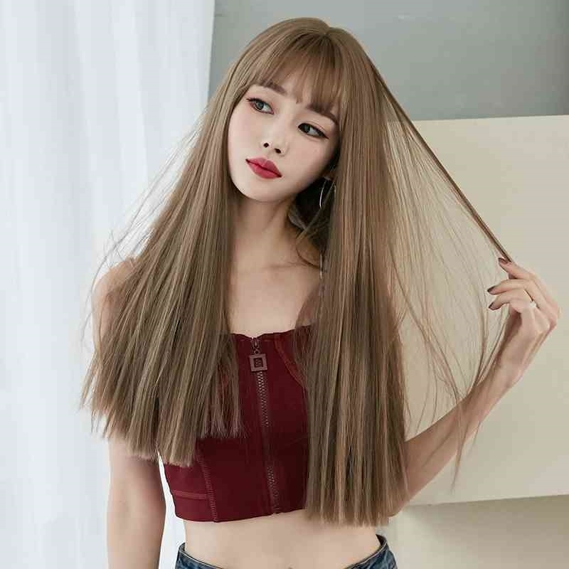 

black female head set long straight hair natural air bangs full Top