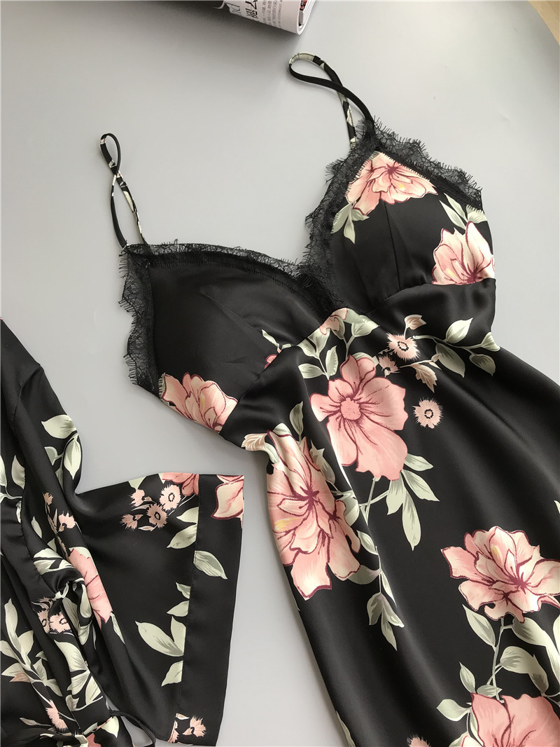 

XXL plus size spring summer new slik dressing gown set bathrobe sexy lingerie with robe sleepwear sets night wearQ1517Free shipping by air, Black