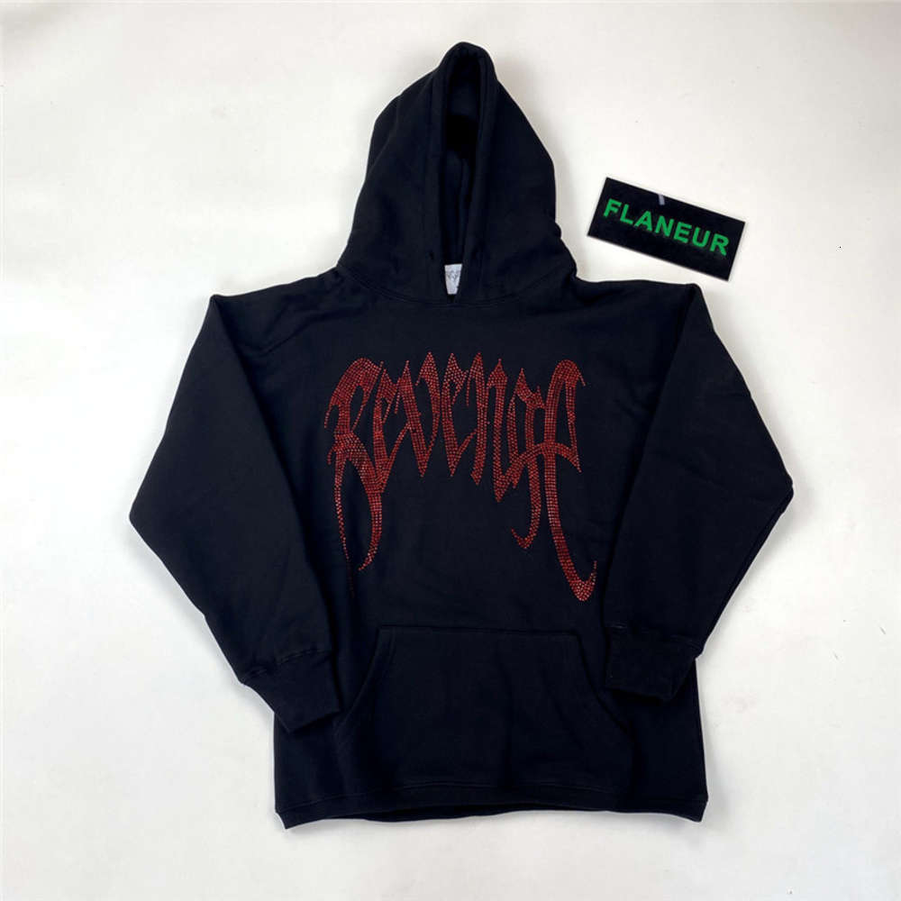 

Mens Designer Hoodies REVENGE Red Rhinestone High Street Fashion Hooded Hoodie Sweatshirt, Black