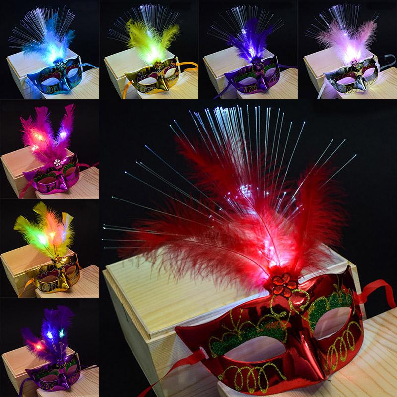 

2021 12 Color LED Halloween Party Masks Flash Glowing Feather Mask Mardi Gras Masquerade Cosplay Venetian Masks Halloween Costumes Gift