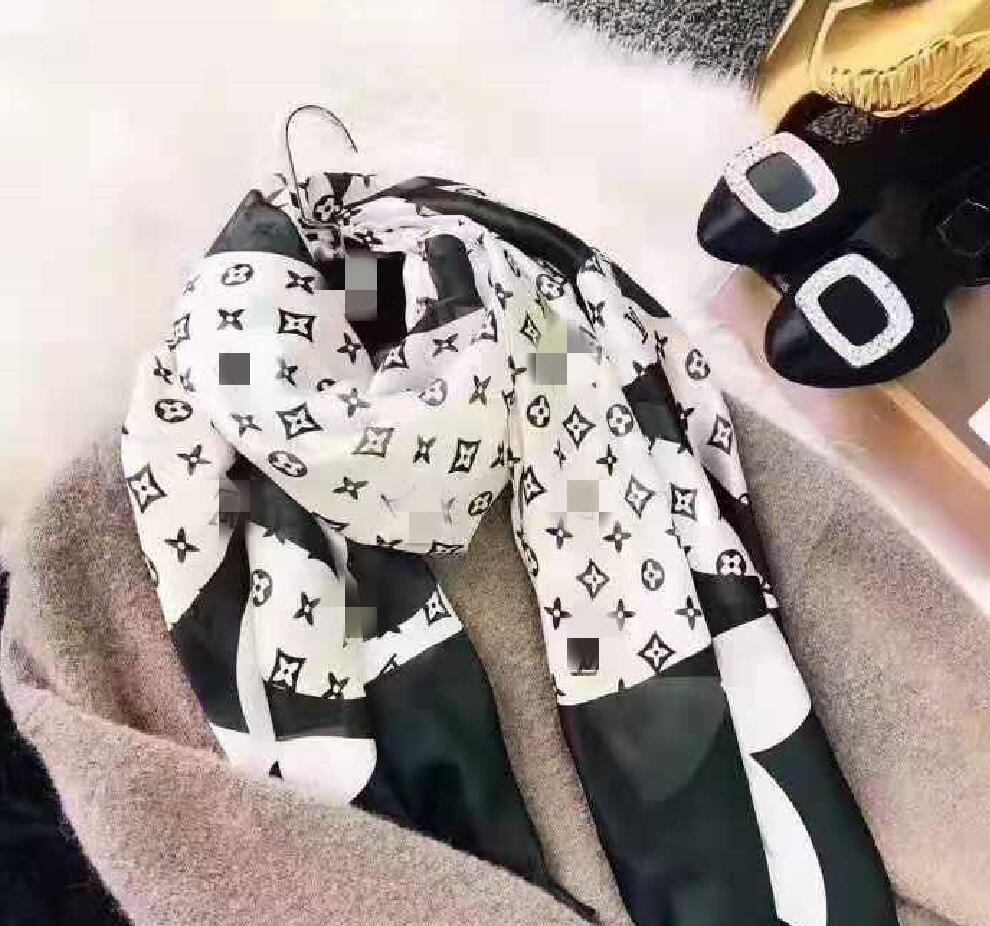 

High quality 2021 Fashion autumn and winter letter flower silk scarves timeless classic super long shawl fashion women's soft silk and wool, Blue;gray