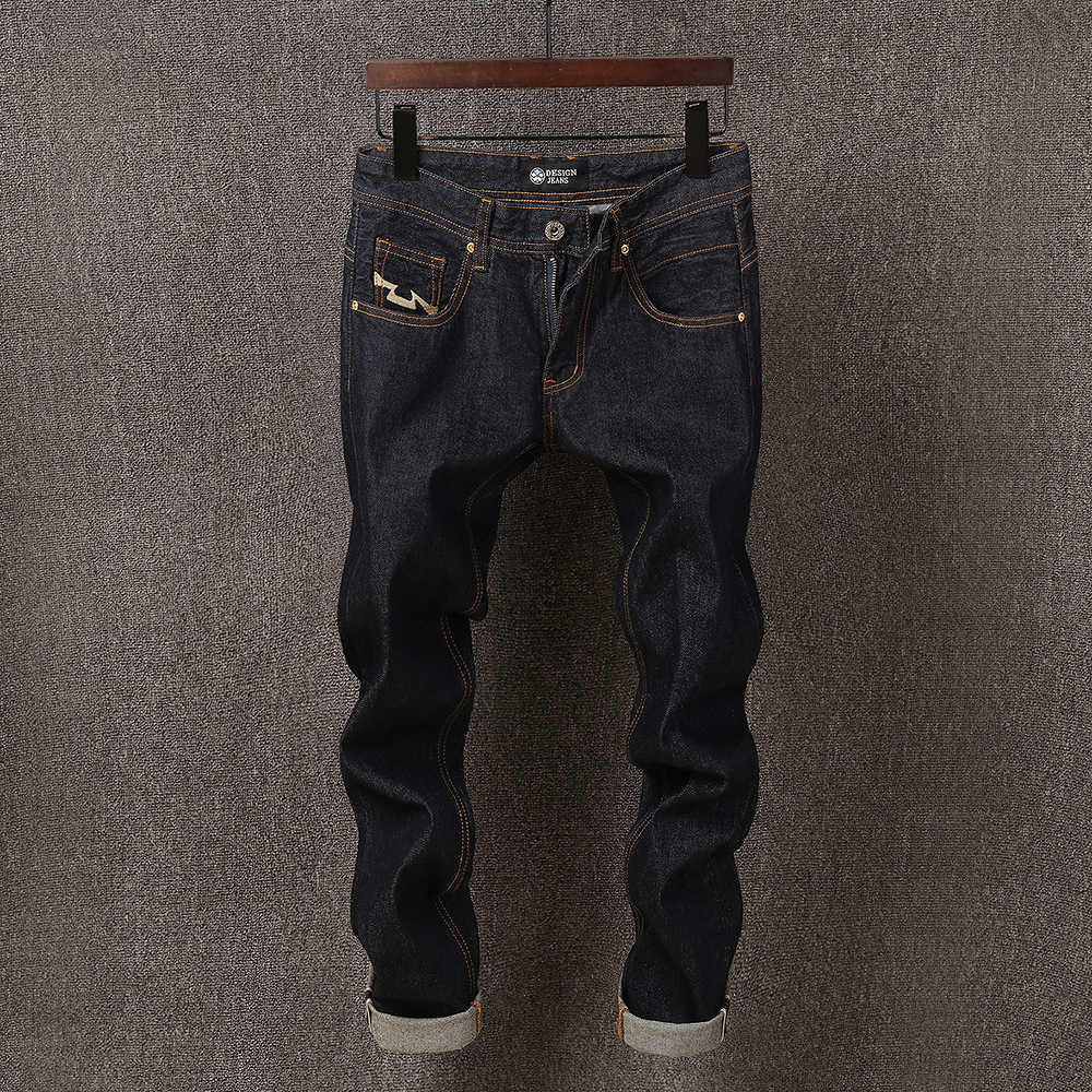 

Retro Vintage Fashion Men Jeans Original Unwashed Slim Fit Redline Denim Pants High Quality Designer Pocket Selvedge, Retro black blue